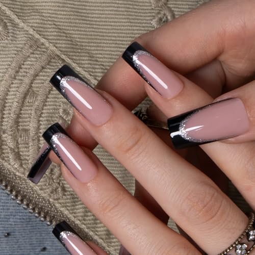CurvLife Long Square Press On Nails, Noir Shine Black, Soft Gel - color: Noir Shine