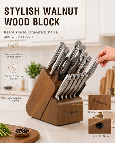 Astercook Knife Set 15 Piece German Steel Kitchen Knife Block Set - color: Walnut Brown
