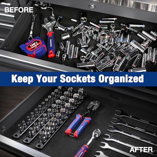 WORKPRO Magnetic Socket Organizer, Heavy Duty 1/2-Inch Drive Socket Rail (Pack of 2) - color: Black, size: 1/2" DR (Pack of 2)