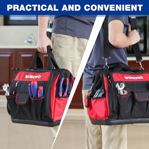 WORKPRO 16" Top Wide Mouth Tool Bag with Water Proof Rubber Base, Multi-Compartment, 46 Pockets, For Tool Organizer & Storage, W081122A