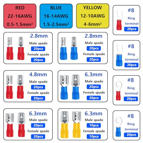 Tnisesm Spade Connector 16 Types with Professional Wire Stripper/Wire Crimping Tool, Wire Cutter, Wire Crimper, Cable Stripper, Wiring Tools and Multi-Function Hand Tool - color: 281Pcs Spade, size: Crimp style
