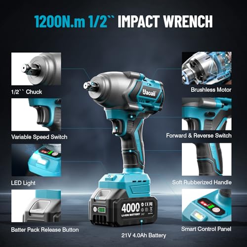 1000Nm(738ft-lbs) Cordless Impact Wrench High Torque, 1/2 Power Battery Impact Gun w/ 2x 4.0Ah Battery, Fast Charger, 5 Sockets, Storage Tool Box & Variable Speeds for Car Tire Truck RV Mower