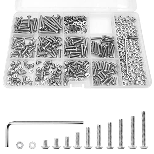 400PCS M4 x 5/6/8/10/12/14/16/18/20/25mm Button Head Socket Cap Screws Bolts and Nuts Flat Washers Assortment Kit, 304 Stainless Steel, Metric Machine Fully Thread, Allen Hex Drive - size: M4 Button Head (400PCS)