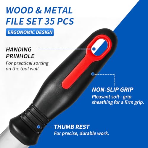 Greywolf 35 piece file set, metal files, premium T12 carbon steel flat, half-round, round, and triangular tips, plus 14 fine sanding tools and 16 sheets of sandpaper for metalworking and woodworking