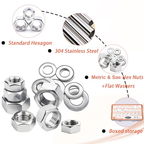 Dianrui 588PCS Metric & SAE Hex Nuts and Washers Assortment Kit, Assorted Nuts Washers 304 Stainless Steel (2#56 4#40 6#32 8#32 10#24 10#32 12#24 1/4-20 5/16-18 3/8-16 7/16-14 1/2-13 M2-M12) 21 Sizes - size: 588PCS Metric&SAE Kit