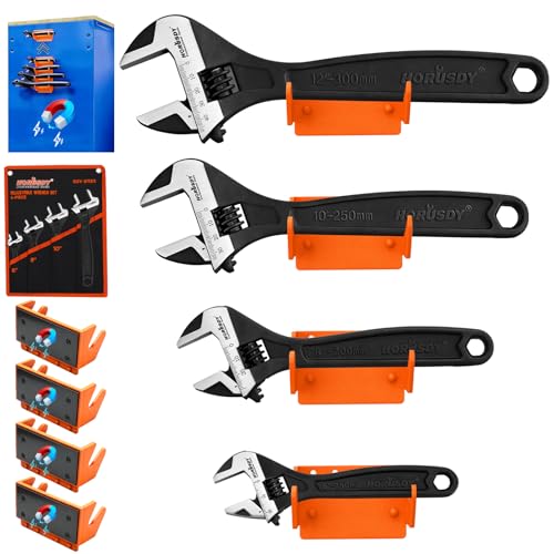 HORUSDY 4-Piece Adjustable Wrench Set With 4-Piece Magnetic Wrench Organizer Racks, 6" 8" 10" Wide Jaw Black Oxide Wrenches with Tool Roll Pouch, Metric&SAE Scales, CR-V Steel for Home Garage Workshop - style: 4PC Wide Jaw Set (6" 8" 10" 12") +4PC Magneti