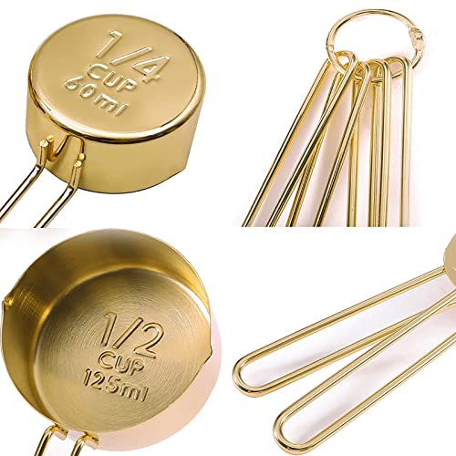 Gold Measuring Cups and Spoons Set, 8 PCS Metal Measuring Cups and Stainless Steel Measuring Spoons Set for Kitchen - color: Gold