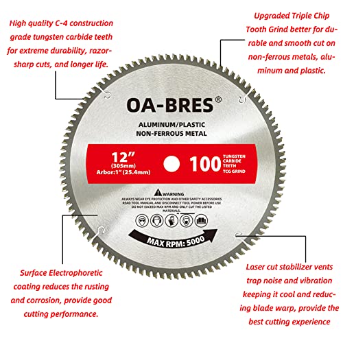 12 Inch 100T Upgrade TCG Grind Aluminum Non-Ferrous Metal Saw Blade with 1-Inch Arbor - size: 12 Inch 100T