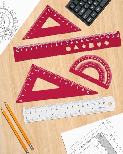 Honagu Triangular Ruler Set, 4+1Pieces Aluminum Alloy Ruler, Metal Drafting Ruler, Geometric Protractor for Students, School Office Supplies (Red, 20cm) - color: Red