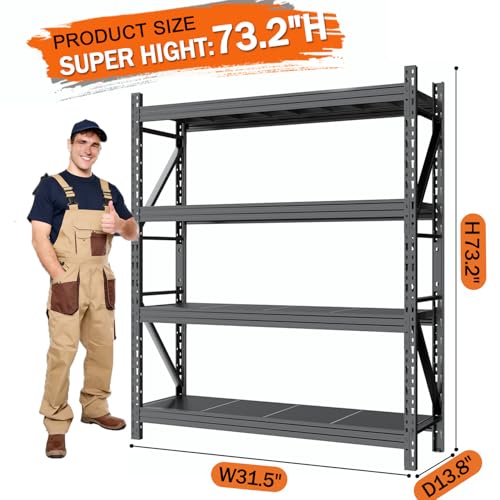 31.5''W Heavy Duty Storage Shelves, 2500LBS Metal Garage Shelving Units, 4 Tier Adjustable Large Industrial Shelves for Warehouse Workshop Basement (31.5''W x 13.8''D x 73.2''H) - size: 73.2"H x 31.5"W x 13.8"D