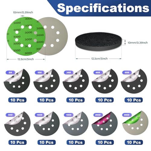 101PCS 5 inch Sanding Discs, 8 Holes Hook & Loop Wet Dry Sandpaper Orbital Sander Pads 80 180 240 400 600 800 1000 1500 2000 3000 Grit with Foam Pad, Sandpaper Assortment for Car Wood Metal - style: 101PCS