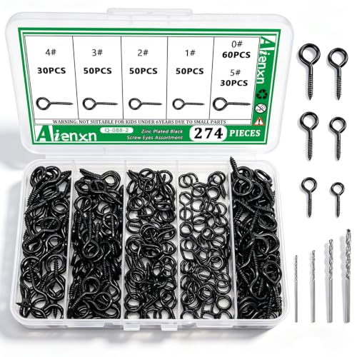 274PCS Black Eye Screws Kit, 0# -5# Eyelet Screw for Wood - color: Black, size: 0#-5#