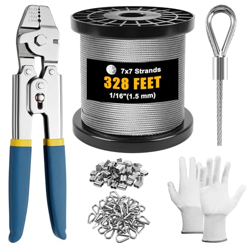 Cyrico 328FT Wire Rope Crimping Tool Kit, 1/16" Stainless Steel Cable with Cutter, Heavy Duty Crimper, 210 PCS Aluminum Crimp Loop Sleeves, 50CS Thimbles, Gloves for Railing, String Lights, Fishing