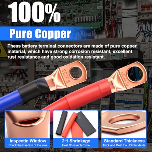 130Pcs Copper Wire Lugs Kit, Battery Terminal Connectors AWG 2 4 6 8 10 12 14 16 Gauge Heavy Duty Battery Cable Ends Ring Terminal Wire Connectors Kit with Heat Shrink Tubing - size: 130Pcs