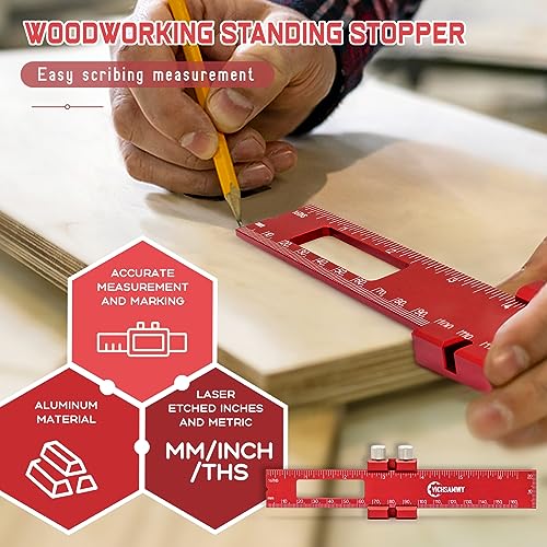 Precision Metal Slide Stop Scribing Ruler - 12, 8 & 6 Inch, Adjustable Measuring & Marking for Woodworking - color: Red