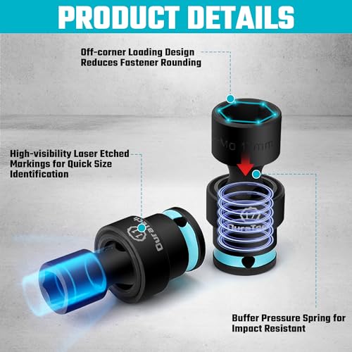 DURATECH 3/8" Drive Impact Swivel Socket Set, 16 Pcs Shallow Wobble Sockets - style: 16 PCS Metric 3/8" Dr.