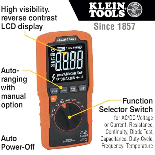 Klein Tools MM450 Slim Digital Multimeter, Reverse Contrast Display with Lead Alert, Auto-Ranging TRMS, 600V AC/DC Voltage, Current, Resistance, Temp, Frequency, Continuity - size: Slim Meter