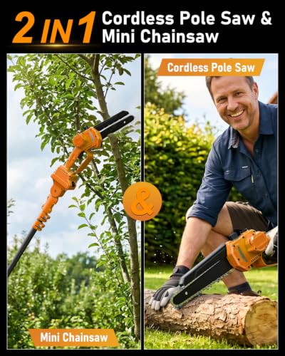 Electric Pole Saw 6“ Mini Chainsaw Cordless Telescopic 6.0Ah Batteries Fast Charger Adjustable Shoulder StrapTree Trimmer Limb Branch Cutter Pruner 16 Ft Max Reach Multi-Angle Yellow - color: Yellow-1 Battery