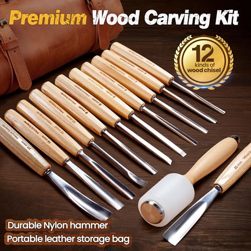 Wood Carving Chisel Set, 12 Pieces CR-V Steel with Nylon Hammer