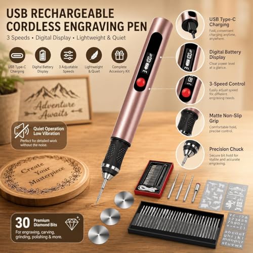 Engraving Pen,Lightweight Kit,35 Bits,3 Speed,Beginner-friendly Craft Tool - color: Pink