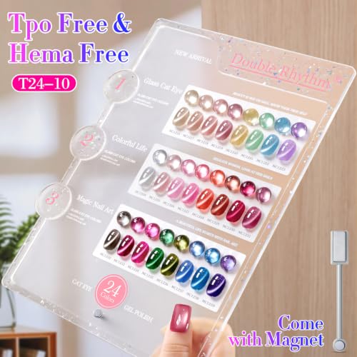 Double Rhythm 28Pcs 0.5Oz Glass Cat Eye Gel Nail Polish Set Same Color Same Bottle Magnetic Jelly Gel Polish Kit Nail Art Manicure Salon DIY at Home (Nude Pink Blue Green-T24-10) - color: Magnetic Red Pink Silver