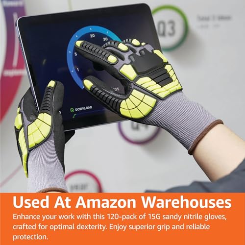 Amazon Basics Safety Work Gloves, Cut Level A1, Abrasion ANSI Level A4, Impact Protection, Touch Screen Friendly, 15G Sandy Nitrile Palm, Abrasion Resistant, Yellow, Size Large, Pack of 120 Pairs - size: Large
