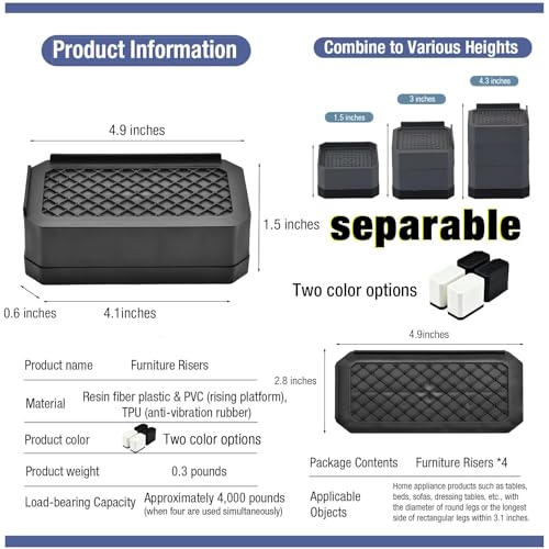 EclatBain Rectangular Adjustable Bed Risers 1.5 Inch, 4000 lbs, 4 Pack - color: Rectangle-4 Pack-black, size: 1 Layer(1.5inch)