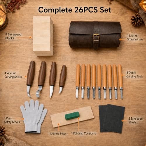 26Pcs Deluxe Wood Carving Kit, Whittling Knife Set with Leather Storage Case, Basswood Blocks & Safety Gloves, Woodworking Tools for Beginners Adults Kids, DIY Craft Gift for Men Teens