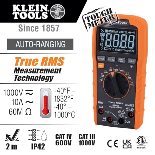 Klein Tools MM720 Digital Multimeter, Auto-Ranging TRMS, Low Impedance (LoZ), 1000V AC/DC Voltage, 10A AC/DC Current, 60 MOhms Resistance - size: Digital Multimeter