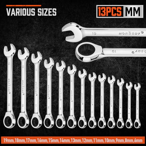 HORUSDY 13-Piece Sturdy Ratcheting Wrench Set | Metric Sizes 6–19mm | Max Torque Ratchet Combination Wrenches Set with Storage Rack | 72-Tooth | Chrome Vanadium Steel - style: 13pcs Metric Ratchet Wrench Set