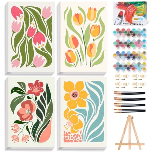 Okarina 4 Pack Paint by Numbers Kit for Adults with Frame, Easy Flower - color: OP4FUS2506-03