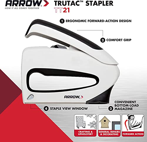 Arrow TT21 TruTac Forward Action Staple Gun, Manual Push Stapler for Upholstery, Crafts, Decorating, and Repairs, Fits JT21 Thin Wire Staples | Staple-Viewing Window, Bottom-Load Magazine, Fits JT21 1/4", 5/16" & 3/8" Staples, For Upholstery, Crafts, Deco