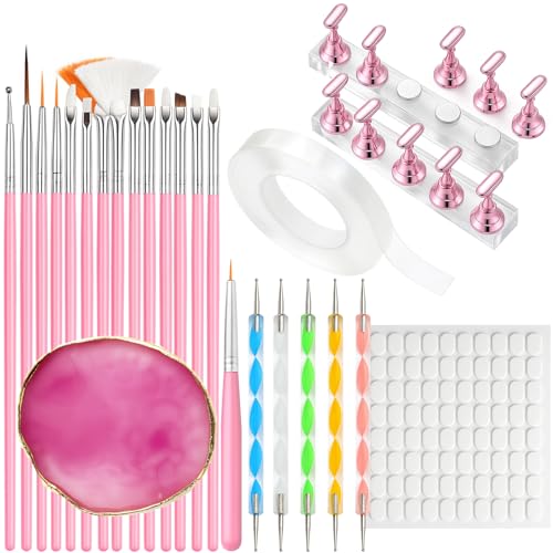 Nail Art Tools Set – 15pcs Pink Nail Art Brushes, 5pcs Dual-Ended Dotting Pens, 10 Nail Stands with 2 Bases, Nail Art Palette, Double-Sided Tape & Adhesive Tabs for DIY Nail Design