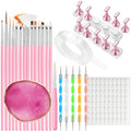 Nail Art Tools Set – 15pcs Pink Nail Art Brushes, 5pcs Dual-Ended Dotting Pens, 10 Nail Stands with 2 Bases, Nail Art Palette, Double-Sided Tape & Adhesive Tabs for DIY Nail Design