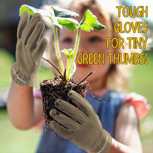 HANDLANDY Kids Leather Gardening Gloves, Kid Work Gloves, Khaki, M - color: Khaki (1 Pair), size: Medium (Age 5-7)
