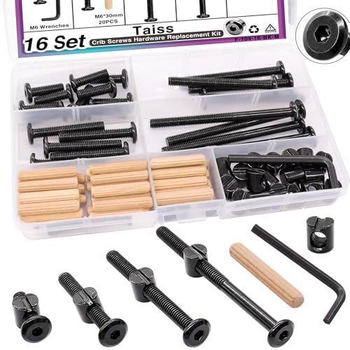 Taiss 16 Set Crib Screws M6x20mm/ 40mm/ 60mm/ 80mm Baby Bed Crib Bolts Hardware Replacement Kit,Hex Socket Cap Screws Bolt,Barrel Nuts&Dowel Pins for Beds Furniture - color: 16 Set Black