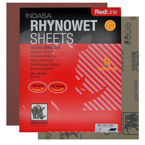 INDASA Rhynowet Red Line Wet Dry Sanding Sheets 9 x 11 Inch 180 Grit Waterproof Latex Backing Abrasive Paper for Wood Metal Automotive Surface Prep Pack of 50 - size: 180-Grit 9"x11"