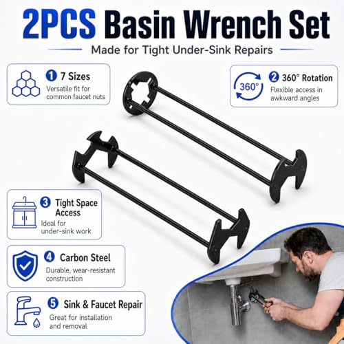 2PCS Basin Wrench, Under Sink Faucet Tool for Tight Spaces | 7 fixed openings, 360° rotating head, narrow cabinet access, metal build, installation and removal support