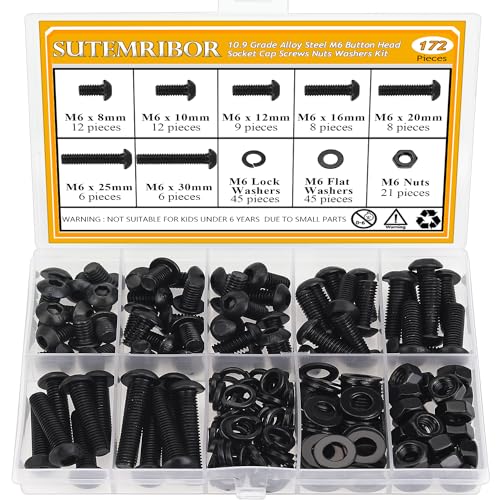 172 Pieces M6 Screws Nuts Washers Set Black, Sutemribor M6 x 8/10/12/16/20/25/30mm Button Head Socket Cap Screws Nuts Washers Assortment Kit, 10.9 Grade Alloy Steel, Fully Threaded - size: M6 Screws Kit, style: Button Head