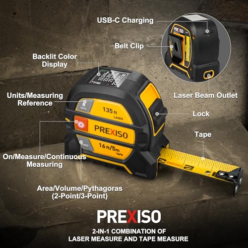 PREXISO 2-in-1 Laser Tape Measure 135Ft Rechargeable Laser Measurement Tool