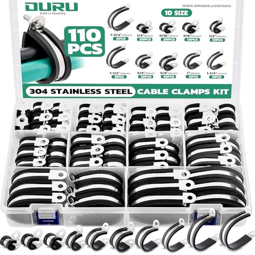 OURU 110PCS Cable Clamps Assortment Kit,Rubber Coated, 1/4"-1-3/4" 10 Sizes - size: 110PCS KIT