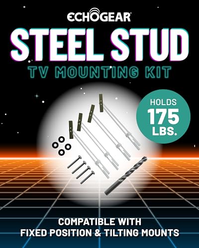ECHOGEAR Steel Stud TV Mounting Kit for Fixed & Tilt Mounts – Securely Mount TVs up to 175 lbs on Metal Stud Walls – Includes UL-Rated Snaptoggle Anchors, Drill Bit, Screws & Washers