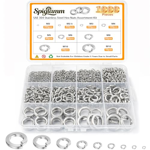 1000Pcs Spring Lock Washers Assortment Kit, Metric Split Lock Washer Set, 304 Stainless Steel Lock Washers for Screws Bolts,9 SAE Sizes M2 M2.5 M3 M4 M5 M6 M8 M10 M12