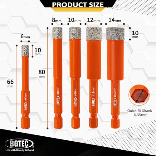 BGTEC Dry Diamond Drill Bits 5pcs 6mm 8mm 10mm 12mm 14mm with Quick Change Hex Shank for Granite Marble Porcelain Tile Ceramic - size: 1/4"+5/16"+3/8"+1/2"+3/5"