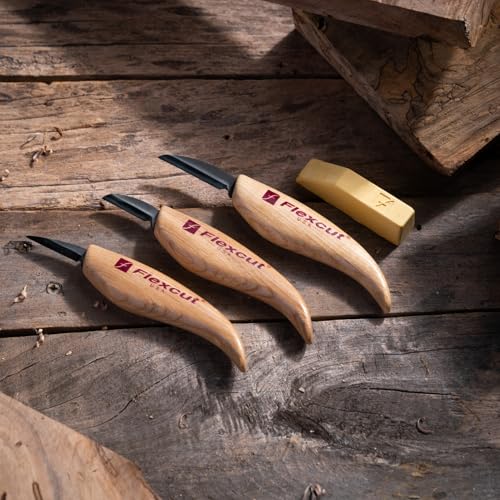 Flexcut Wood Carving Knives | Starter Set of 3 Woodcarving Knives | 1095 High Carbon Steel Blades | Ergonomic Ash Wood Handles for Beginners and Hobbyists | KN500 | Made in the U.S.A - style: 3-Piece Knife Starter Set