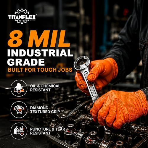 TitanFlex Heavy Duty Industrial Orange Nitrile Gloves, 8-mil, Gloves Disposable Latex Free with Raised Diamond Texture Grip, Powder Free, Rubber Glove, Mechanic Gloves,100-ct Box (Small) - color: 02 8mil (100ct), size: Small