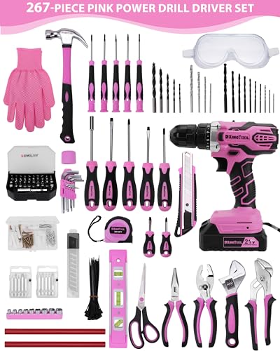 KingTool 267-Piece Tool Kit Set - Pink Tool Set with 21V Cordless Pink Power Drill Driver, Tool kit for Women with Pink Tool Storage Bag, Womens Tool Kit for House, Perfect for Home DIY Projects