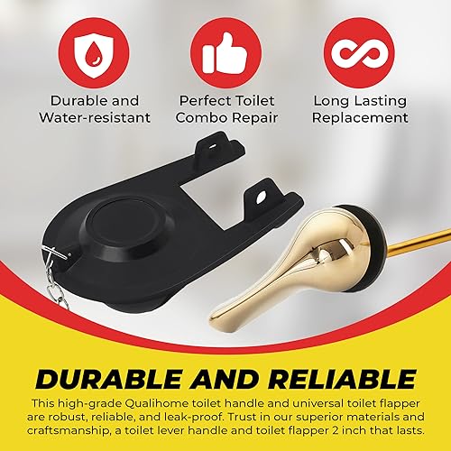 Qualihome Front Mount Brass Polished Gold Toilet Handle Replacement Kit with 2 Inch Universal Toilet Flapper Replacement Kit and Stainless Steel Toilet Flapper Chain - color: Brass Polished