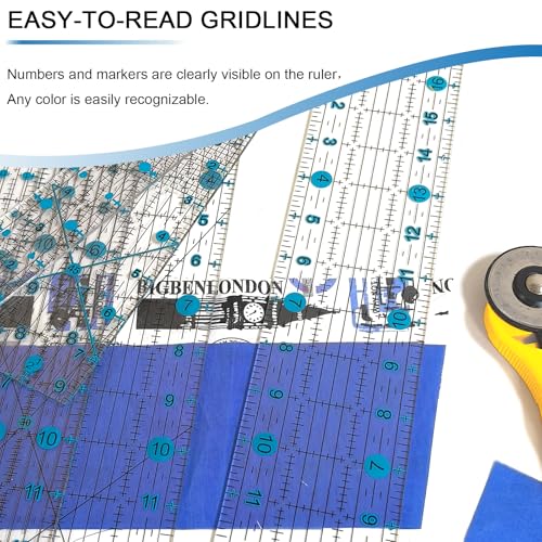 Quilting Ruler, Sewing Ruler, 8 Pack, Acrylic Quilting Templates(6"x17", 3"x17", 2"x16", 1.5"x12", 1"x12", 1"x6", 8"x3"), Non Slip Rings 25 Pieces, Sewing and Quilting Supplies - Clear/Blue - color: blue