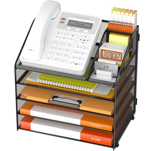 DocNest 5 Tier Metal Mesh Desk File Organizer with Phone Shelf, Black - color: Black, size: 12.6" x 9.1" x 13.3"